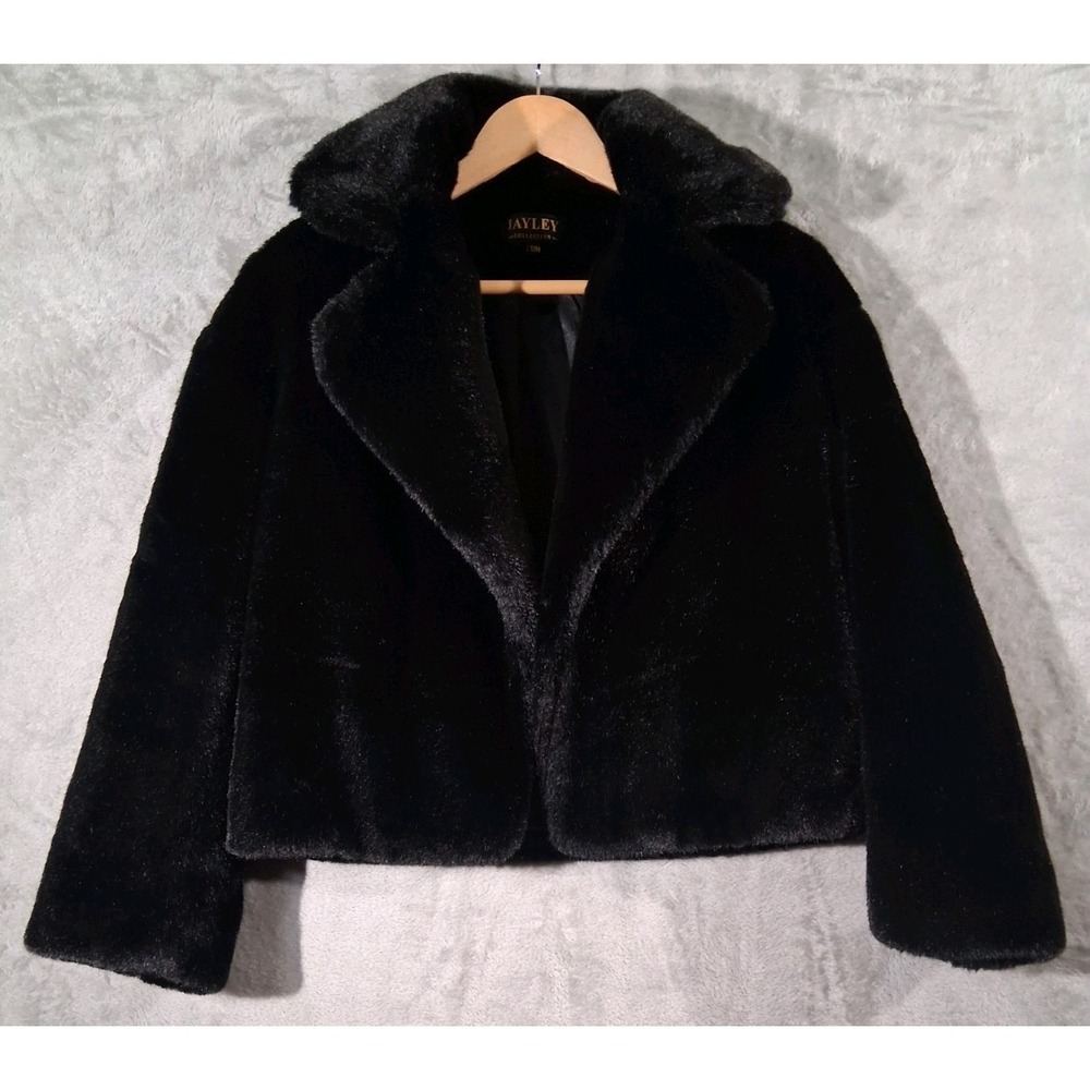 JAYLEY Black Faux Fur Jacket Coat SM Mob Wife Aesthetic Glam Luxury Premium NWOT